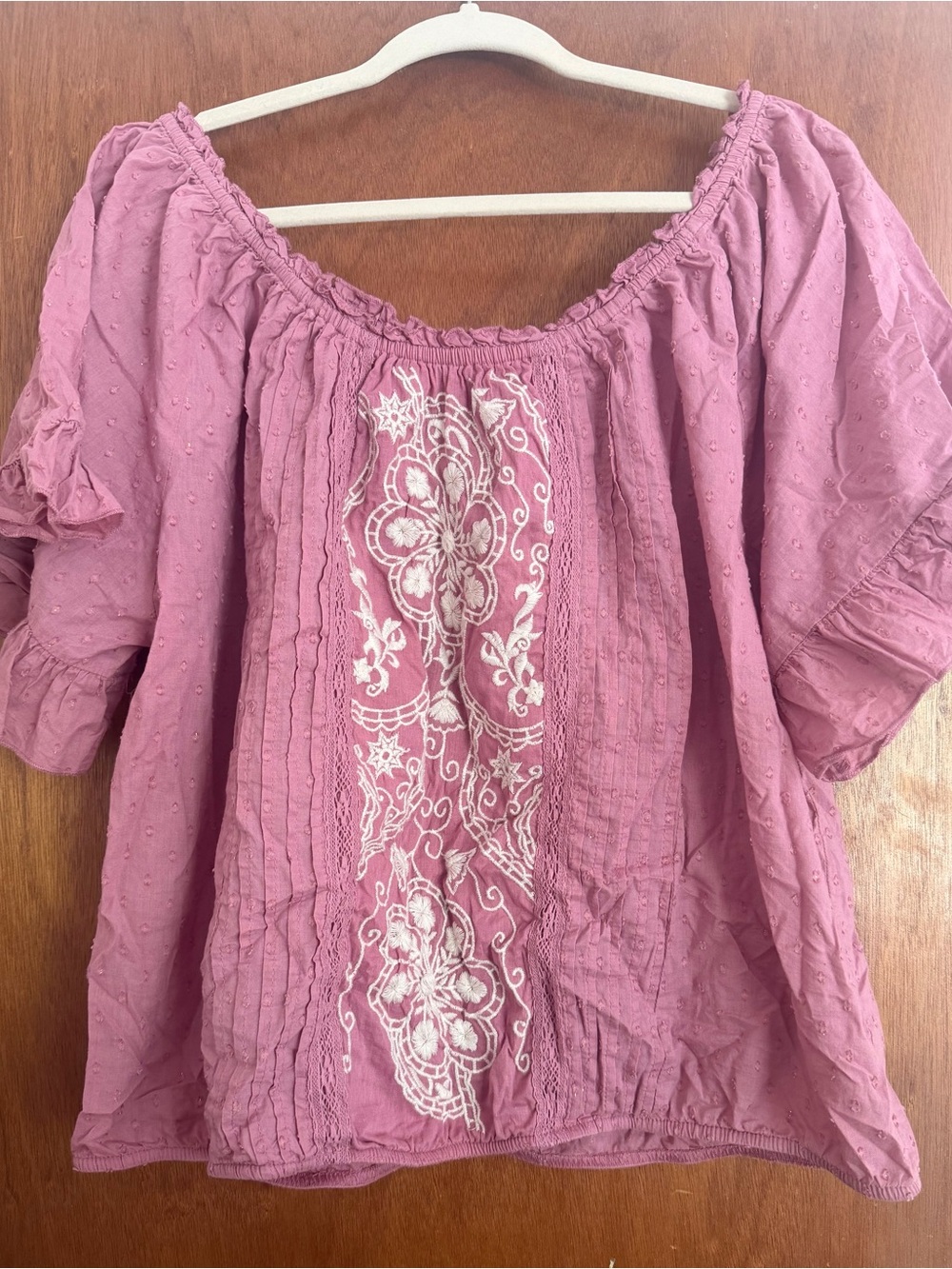 Maurices Mauve Pink Off-Shoulder Embroidered Peasant Blouse